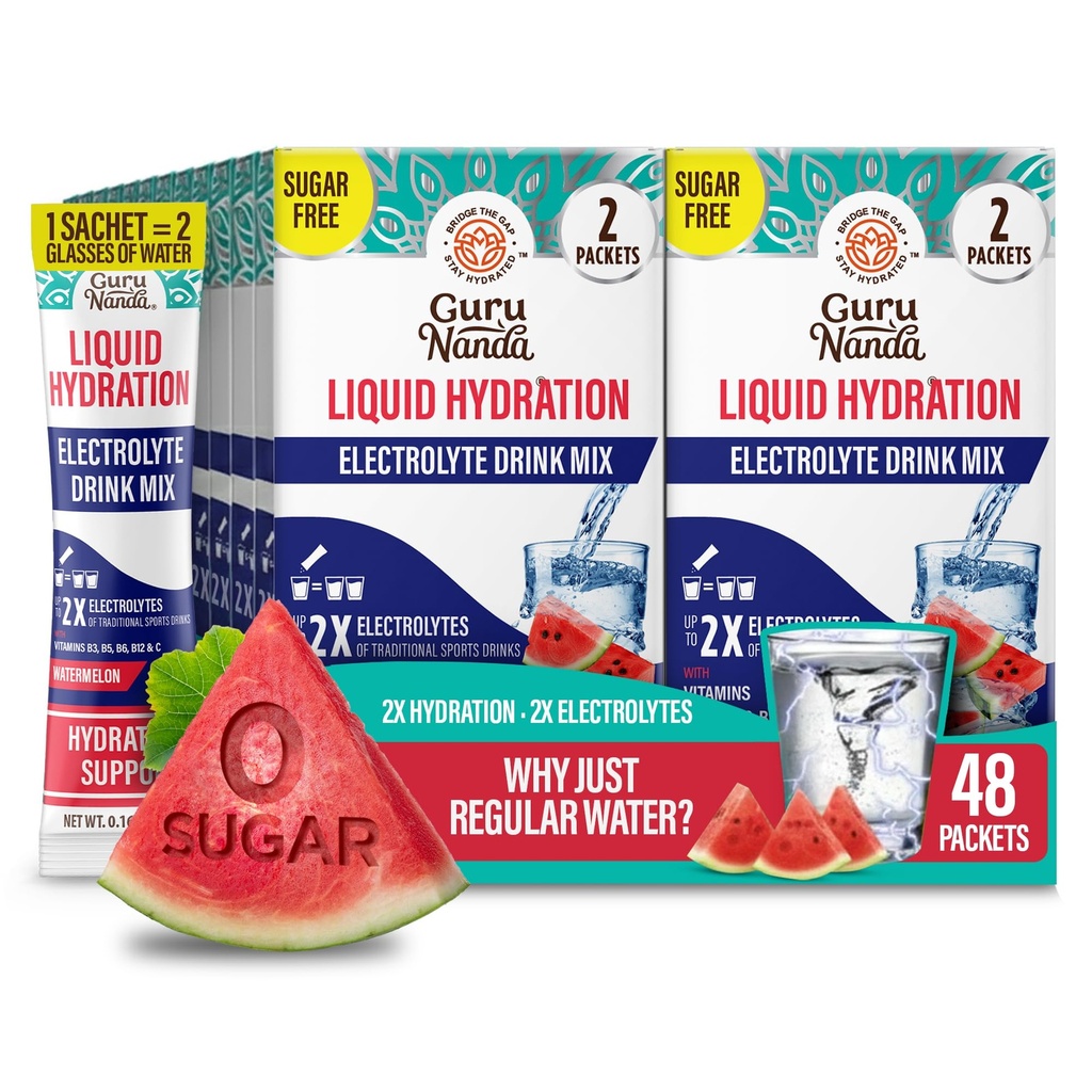 GuruNanda Liquid Hydration Sugar-Free Electrolyte Powder – Natural Watermelon Flavor Electrolyte Drink with Vitamins B & C for Dehydration, Exercise & Energy, Non-GMO, 48 Count