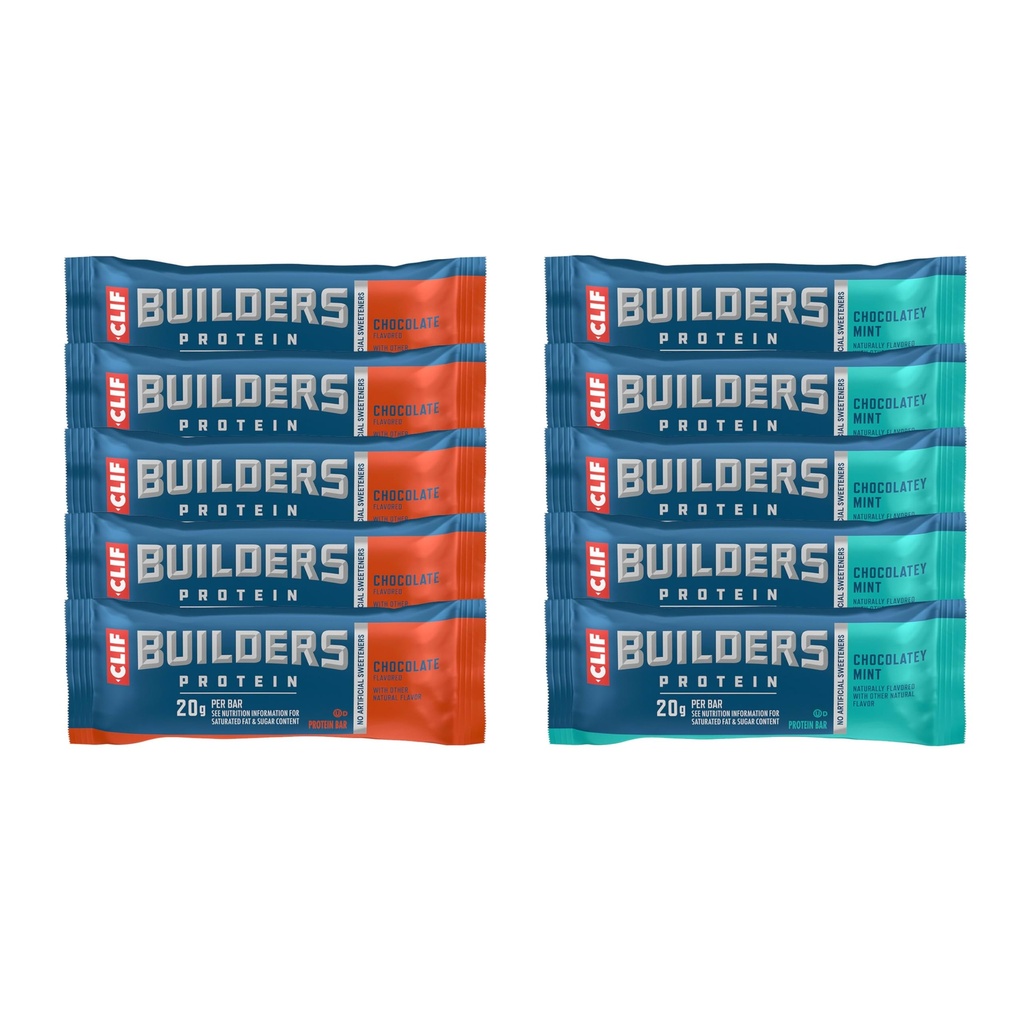 CLIF BUILDERS Protein Bars - Chocolatey Mint and Chocolate Flavor Variety Pack - 20g Plant Based Protein - Gluten Free - Non-GMO - Low Glycemic - No Artificial Sweeteners - 2.4 oz. (10 Count)