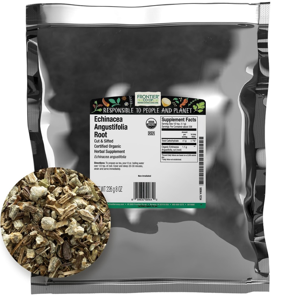 Frontier Co- op Tørret Echinacea Angustifolia Root, Cut and Sigted, 8oz, Certified Organic Echinacea Root - Ideel til te og urtemedies, Kosher