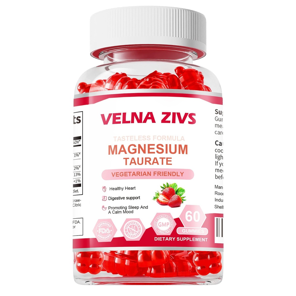 Magnesium Taurate Gummies 1800 mg, Magnesium Taurate Supplement, Høj Absorption & tyggetablet for børn og voksne, Muskel og hjerte sundhed support, Vegan, Gluten Free, 60 Tællere