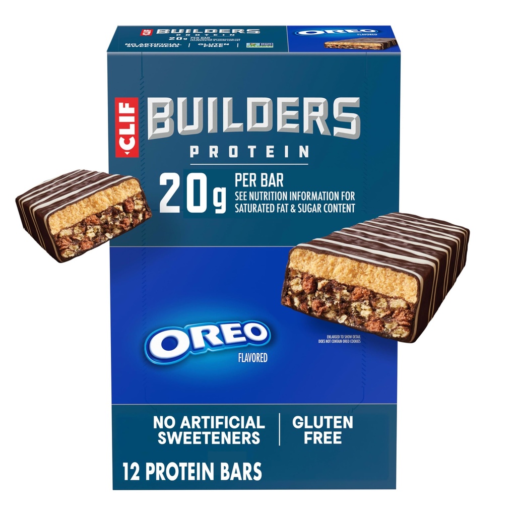CLIF BUILDERS Protein Bars - OREO-Flavored - 20g Plant Based Protein - Gluten Free - Non-GMO - Low Glycemic - No Artificial Sweeteners - 2.4 oz. (12 Pack)