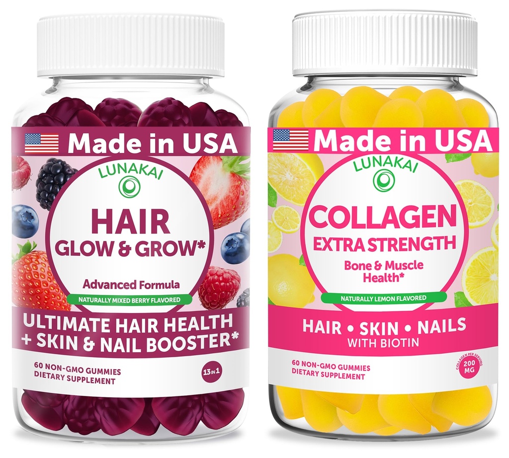 Lunakai USA Made Hair Glow & Grow + Collagen Extra Strength Gummies Bundle – Naturally Flavored, Non-GMO – 60ct Each