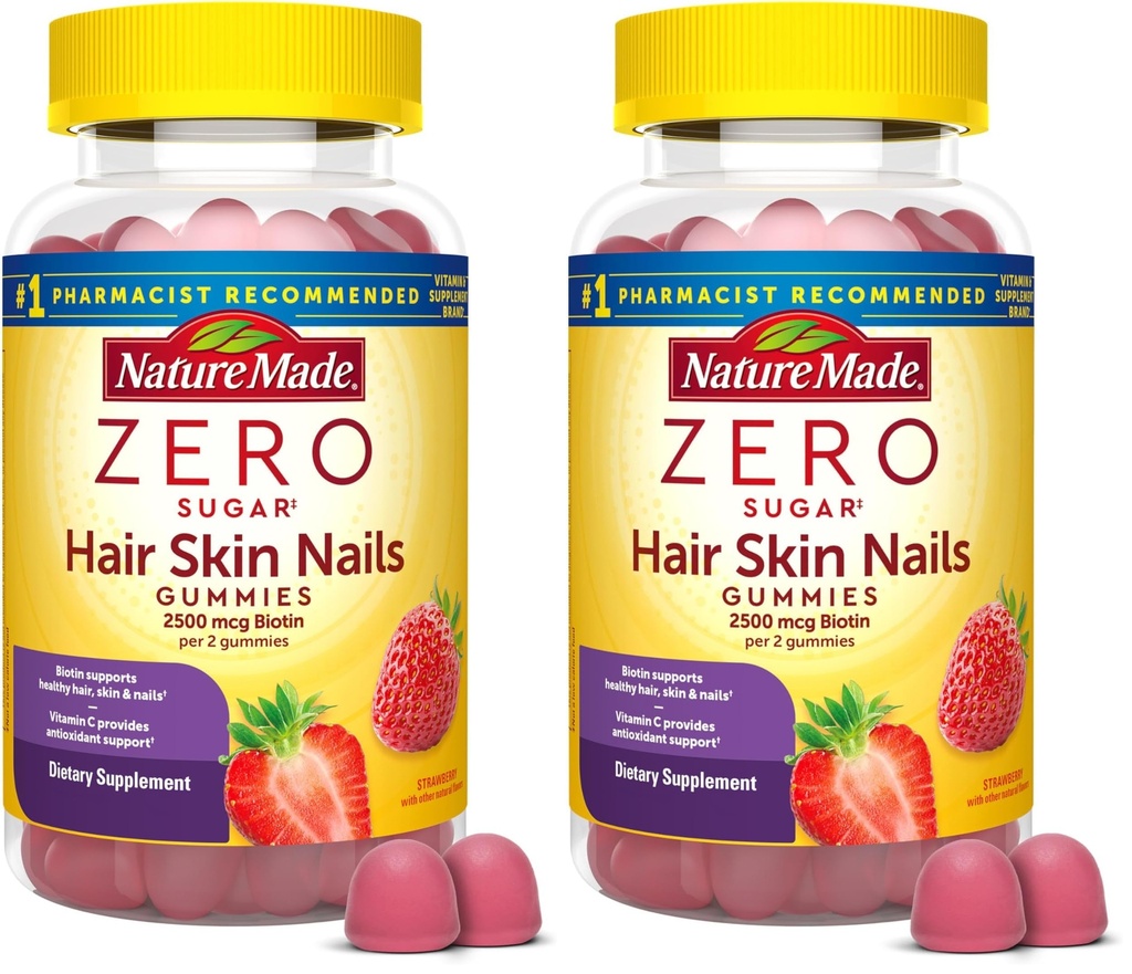 Nature Made Zero Sugar Hair Skin Nails Gummies,Biotin 2500 mcg per Serving,120 Sugar Free Gummies,60 Day Supply,(Pack of 2)