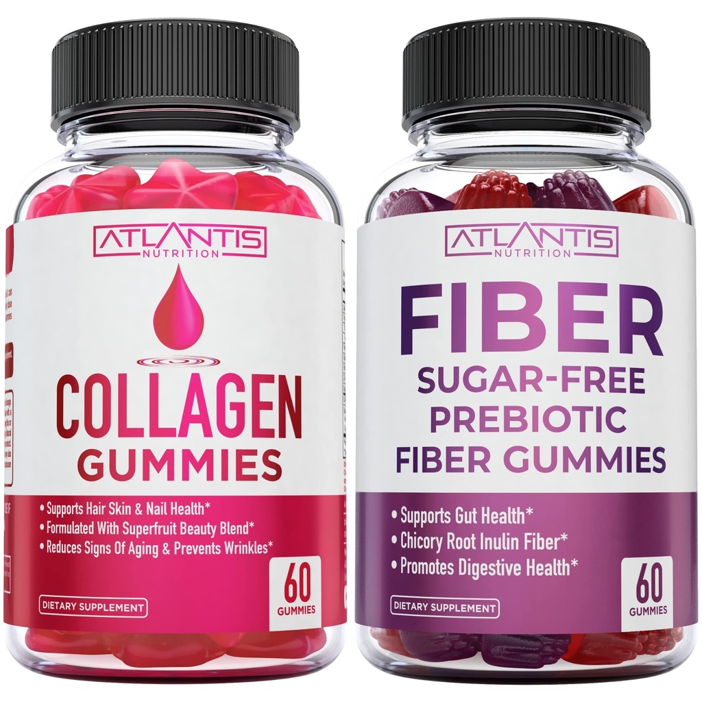 Atlantis Nutrition Collagen 60 Gummies + Sugar Free Prebiotic Fiber Gummies for Adults 2-Pack (120 Gummies)