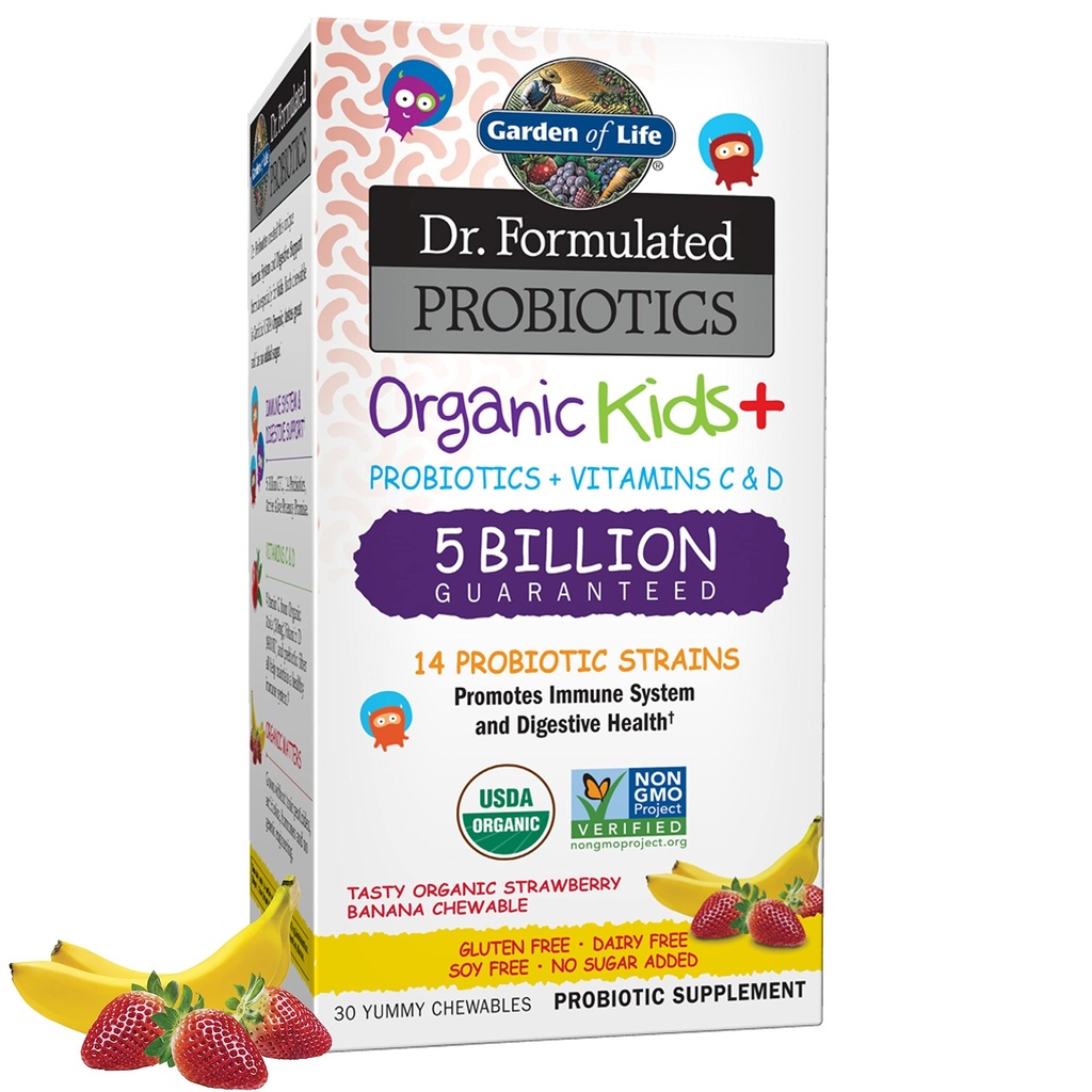 Garden of Life Dr. Formulated Probiotics Organic Kids+ - Digestive Health Support with Prebiotic Fiber & Vitamins C & D - Supports Immune Function - Strawberry Banana, 30 Yummy Chewables