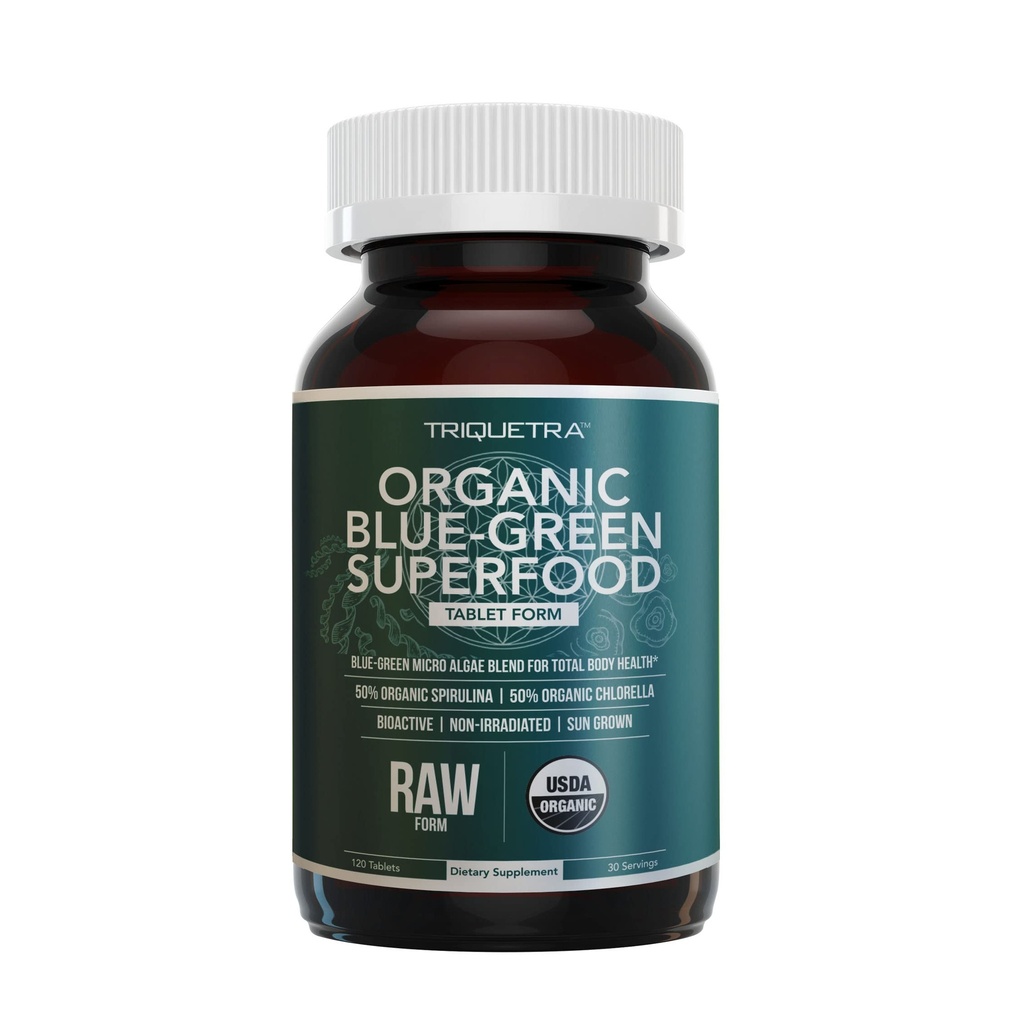 Organic Spirulina & Chlorella tabletter - 4 Organic Certifications, Raw, Ikke-bestrålet - 50 / 50 Blue Green Algae Blend - Antioxidant indhold svarende til 5 Servere af grøntsager (120 tabletter)