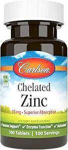 Carlson - Chelated Zink, 30 mg - Superior Absorption, immunforsvar & enzymfunktion, antioxidant, 100 tabletter