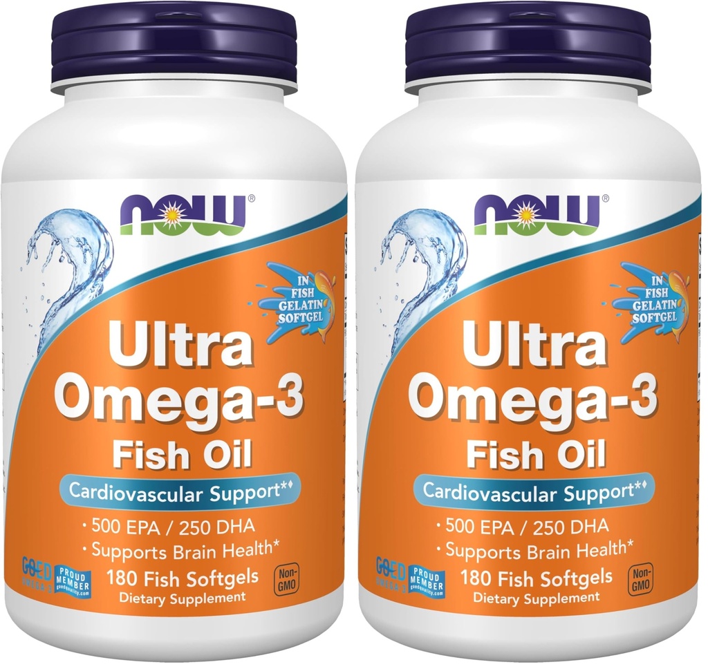 NOW Foods Supplements,Ultra Omega-3,500 EPA and 250 DHA,Cardiovascular Support*,180-Fish Gelatin Softgels,(Pack of 2)