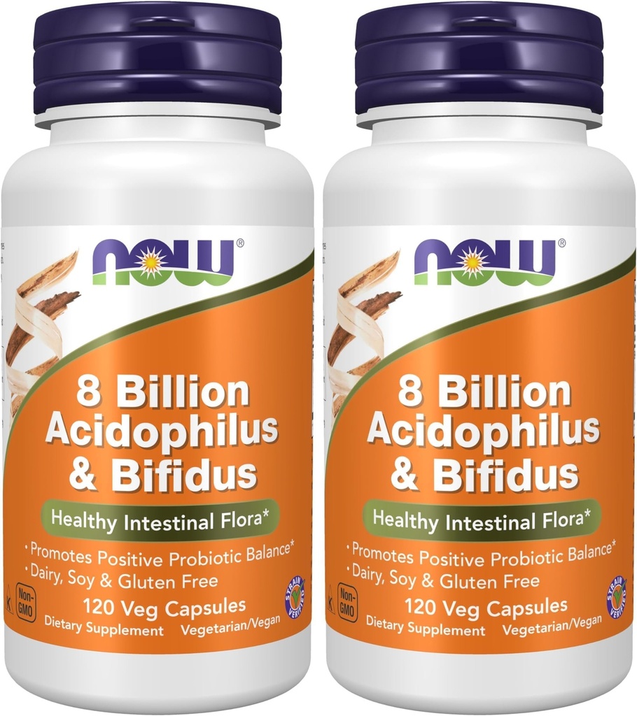 NOW Foods Supplements,8 Billion Acidophilus & Bifidus,Dairy,Soy and Gluten Free,Strain Verified,120 Veg Capsules,(Pack of 2)