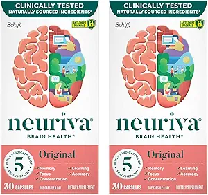 NEURIVA Original Brain Supplement for Memory, Focus & Concentration + Learning & Nøjagtighed med klinisk testet Nootropics Phosphatidylserin og Neurofaktor, Koffein Free, 30 Kapsler (2 Pack)