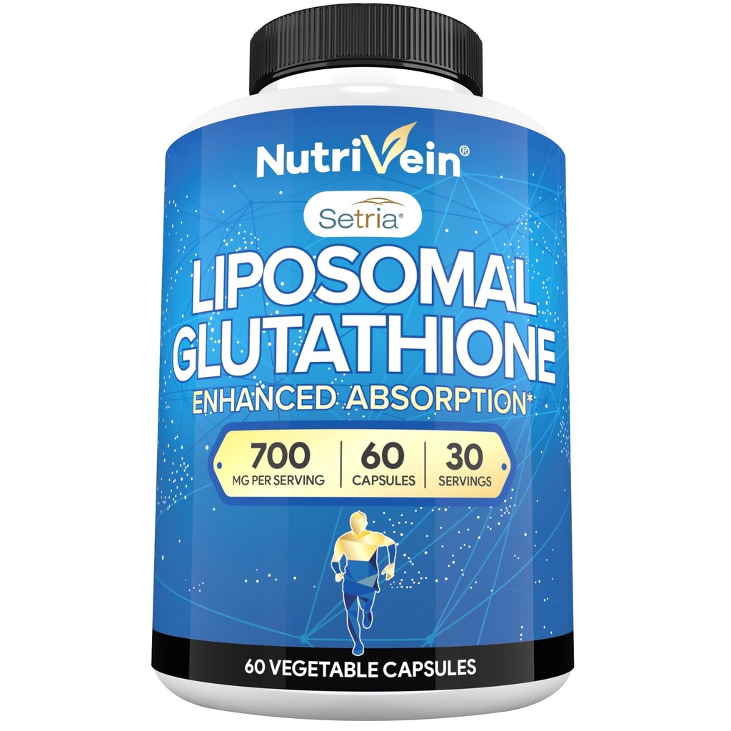 Nutrivein Premium Liposomal Glutathion Supplement 700 mg - 60 Caps - Pure Reduceret Glutathione Setria - Master Antioxidant - Cell Protection, Cleansing, Lever, hjerne, Vitality, og forsvar