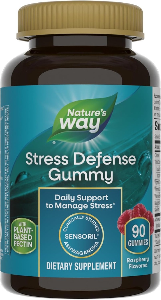 Nature 's Way Stress Defense Gummies, Stress Support *, Understøtter Balanceret Cortisol Response *, med Sensoril Ashwagandha, Vitaminer B6, C, og D3, Raspberry Flavored, 90 Gummies (Packaging May Vary)