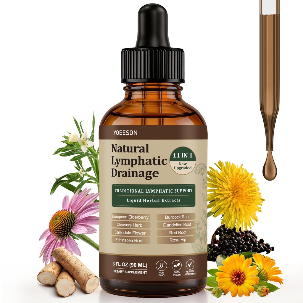 Natural Lymphatic Drainage 11-in-1 Herbal Liquid Supplement with Cleavers, Elderberry, Echinacea, Dandelion, Calendula & Burdock, Supports Lymphatic Health, Detox & Daily Wellness - 90 Day Supply
