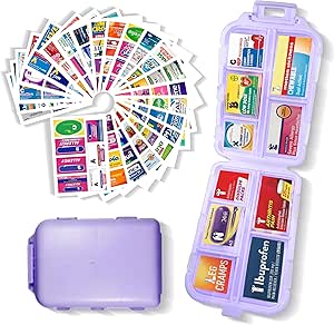 Pocket Apotek med Medicine Labels 146 Labels Travel Daily Pill Container Mini Medication Organizer Storage Pill Organizer Travel Essentials Pill Case 7 Day Pill Organizer (lilla, 1 pakke)