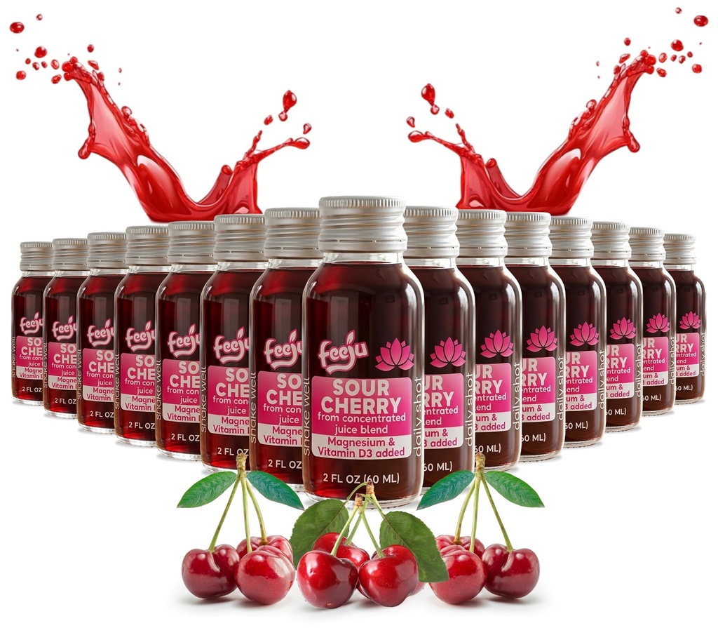 15 Pcs Sour Cherry Juice Shots with Magnesium & Vitamin D3 – 60ml Tart Cherry Immunity Shots for Relaxation, Sleep & Muscle Recovery – No Allergens Concentrated Daily Wellness Drink