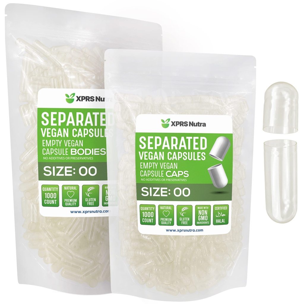 XPRS Nutra Vegan Størrelse 00 Separated Kapsler - 1000 Grev Premium Tomme Kapsler Separeret i poser - Clear Tom 00 Pills til DIY Supplement Fyldning