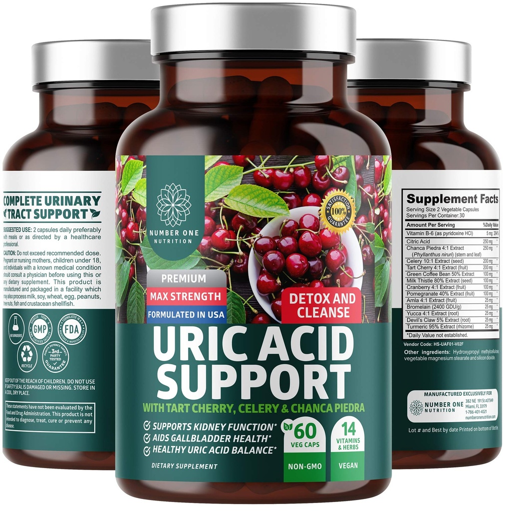 N1N Premium UriAcid Support [14X Potent Urter] Alle naturlige Nyre og UriAcid Cleanse med Tart Cherry, Milk Thistle, Tranebær, Selleri, Chanca Piedra, 60 Veg Caps
