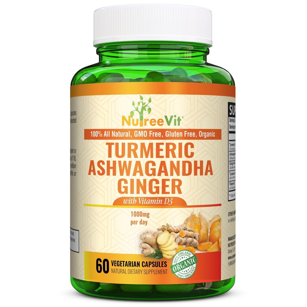 NutreeVit Organic Turmeric Ashwagandha Ginger Vitamin D3-60 Capsules - Extra Strength Ashwagandha Root Turmeric Supplement Immune Support - Ashwagandha Supplements with Natural Ginger and Turmeric