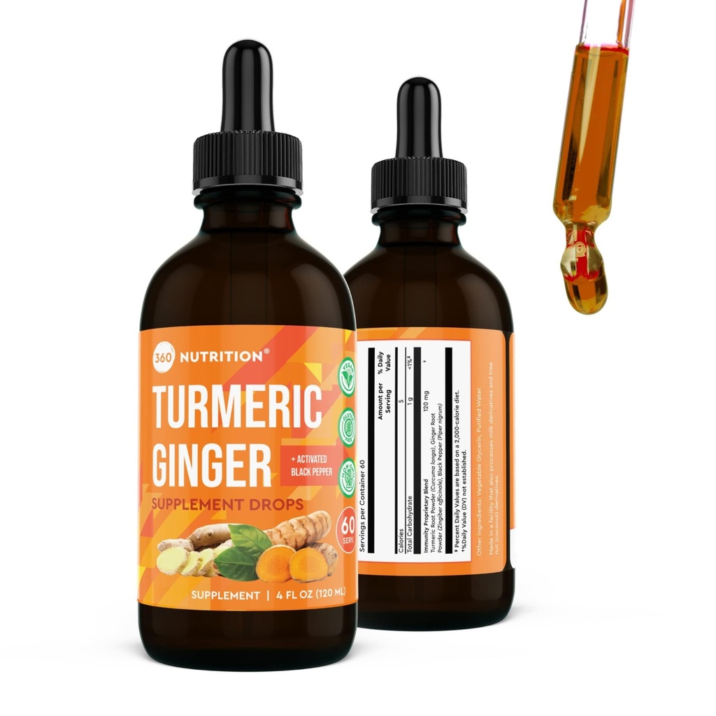 360 Nutrition Turmeric and Ginger Supplement Drops, Vegan Turmeric Curcumin with Black Pepper, Caffeine Free, 4 fl oz, 60 Servings