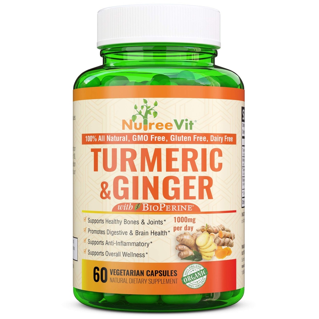 NutreeVit 100% Organic Turmeric Curcumin with BioPerine & Ginger 95% Curcuminoids 1950mg - Black Pepper for Absorption, Made in USA, Natural Immune Support, Turmeric & Ginger Supplement (240 Count)
