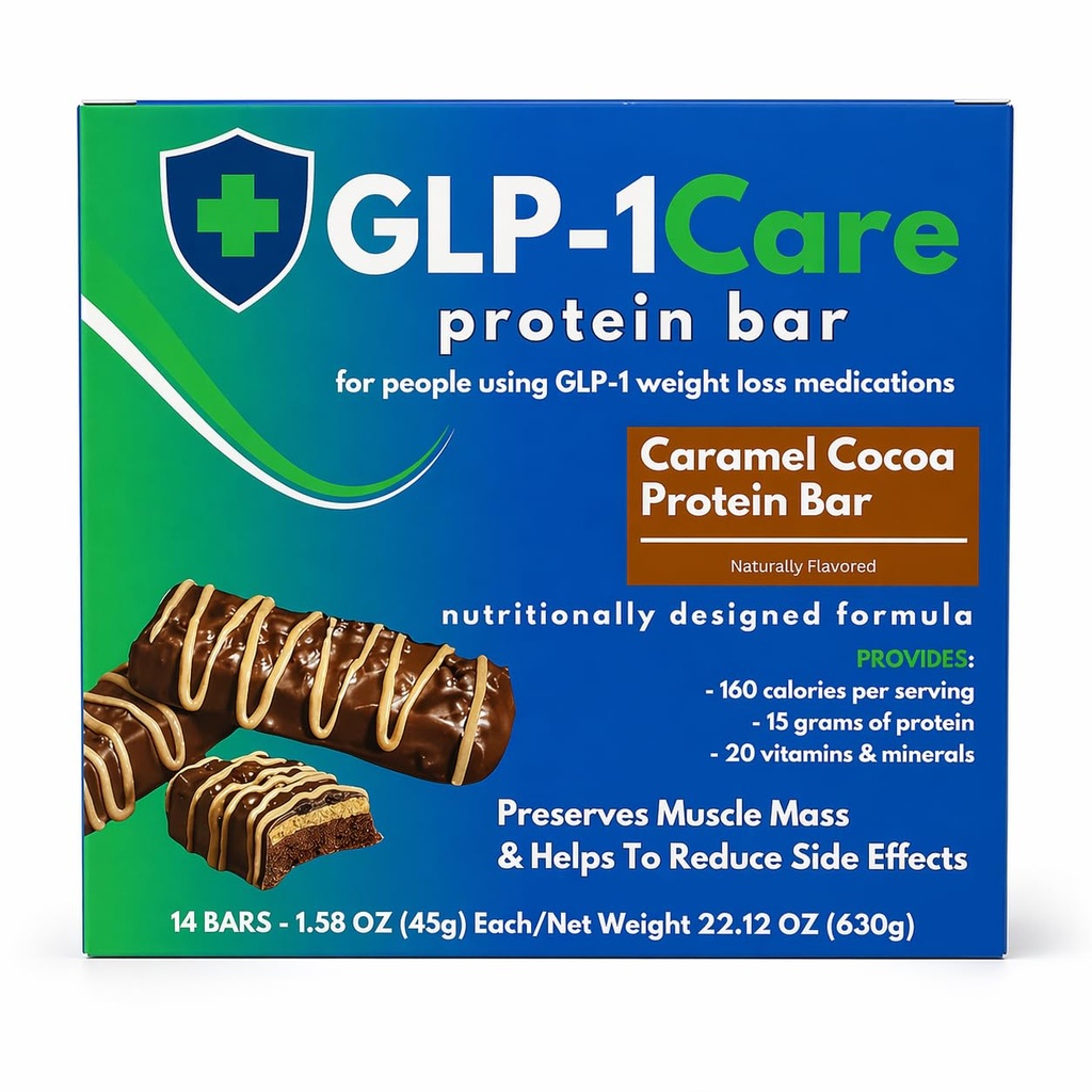 GLP-1Care Caramel Cocoa Protein Bars, High Protein, Low Calorie, GLP-1 Compatible, 15g Protein, 14 Servings Per Box