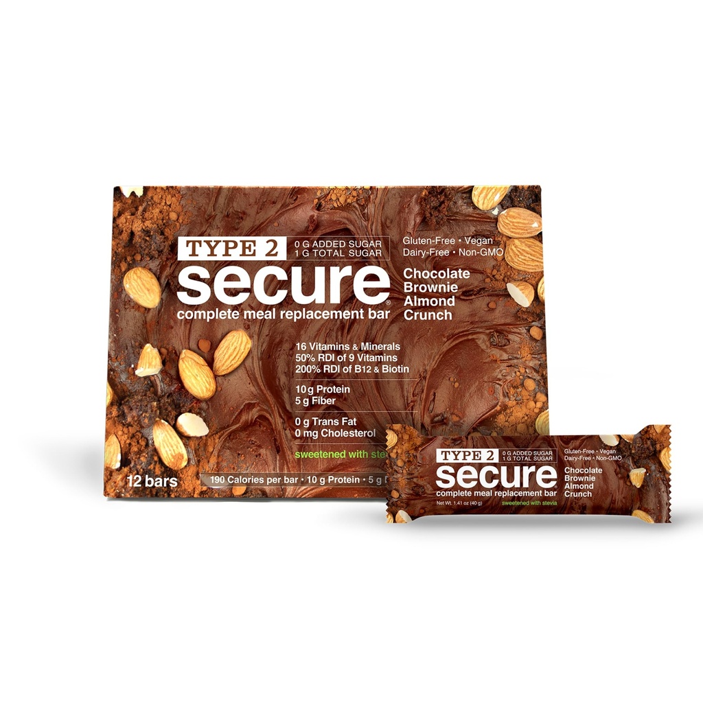 ANDREW LESSMAN Type 2 Secure Complete Meal Replacement Bars (Stevia) – Chocolate Brownie Almond Crunch – 36 ct box – 10g Protein, 0g Added Sugar, 16 Essential Vitamins & Minerals, Gluten-Free, Vegan