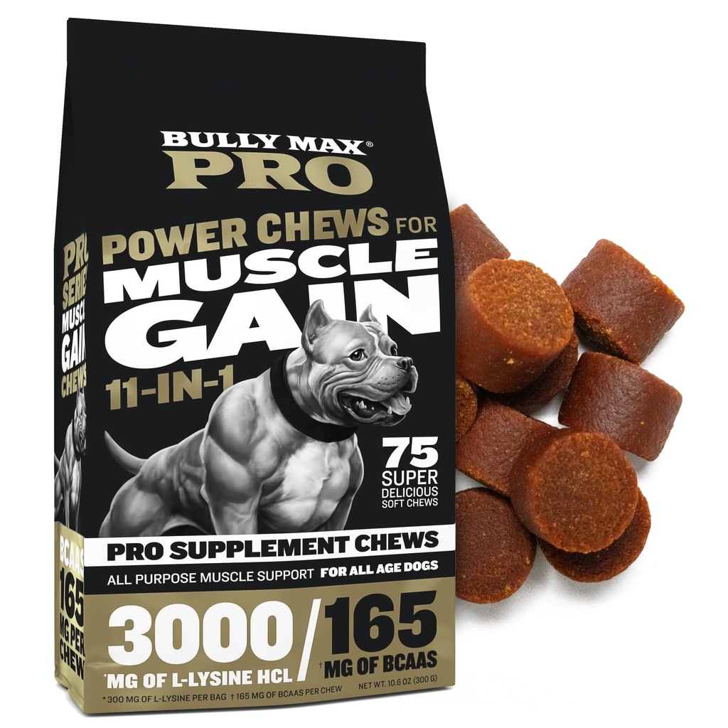 Bully Max 11- 1 Muskel Gain Power Chews - High Protein Dog supplement med Aminosyrer - Sunde behandlinger for hvalpe & voksne hunde - Premium Muscle Builder for alle racer - 75 Tasty Soft Dog Chews