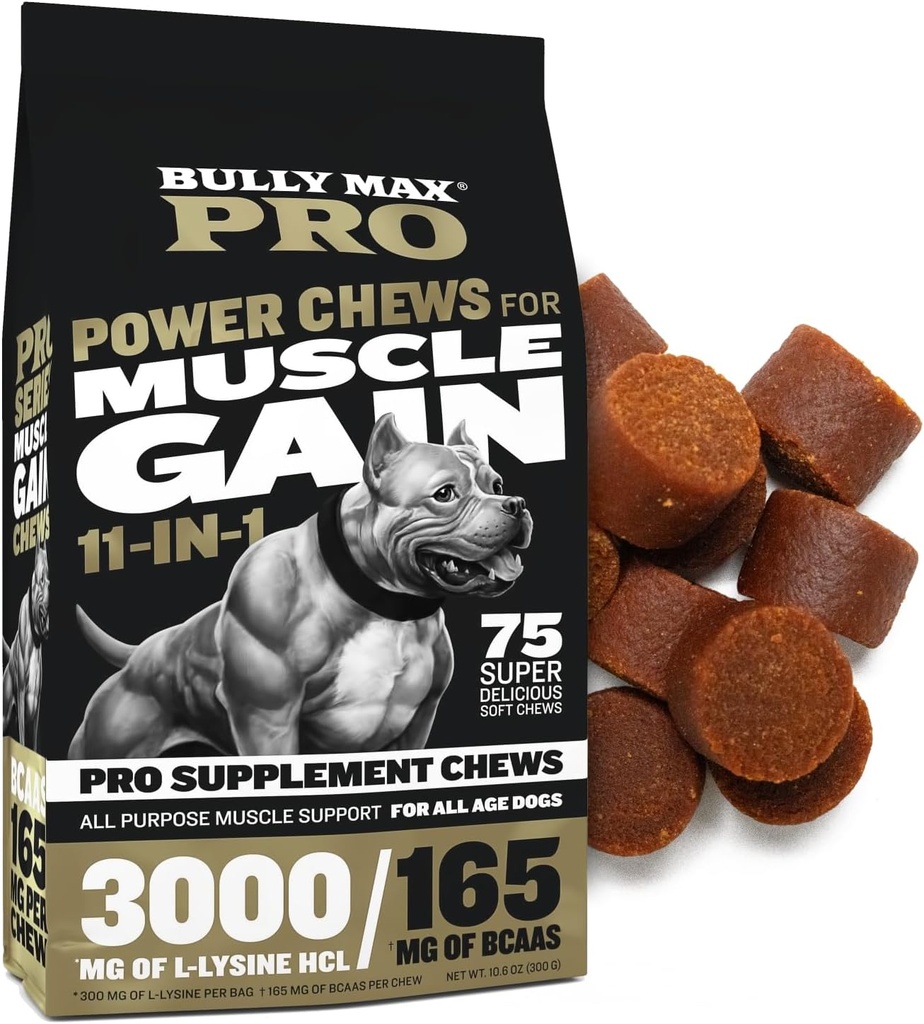 Bully Max 11- 1 Muskel Gain Power Chews - High Protein Dog supplement med Aminosyrer - Sunde behandlinger for hvalpe & voksne hunde - Premium Muscle Builder for alle racer - 75 Tasty Soft Dog Chews