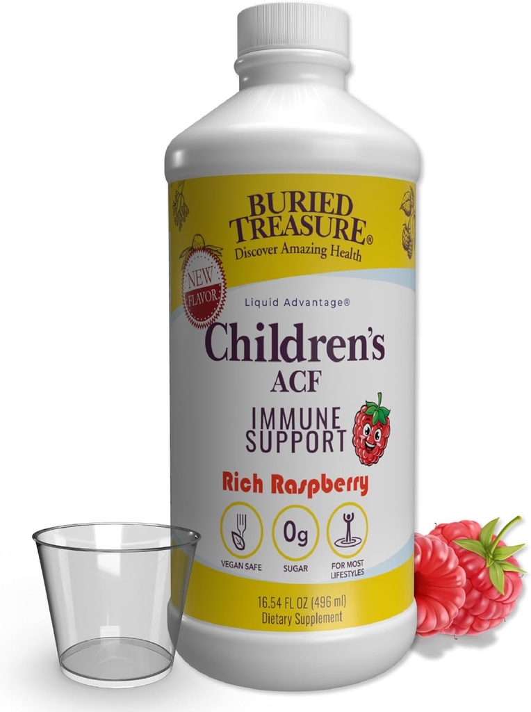 Begravet Treasure Childrens ACF avanceret immunforsvar, Cherry Flavor, 16oz w / Dose Cup, immunbooster supplement til børn, flydende urtemedicin Formel w / vitamin C Elderberry Enchinacea Zink