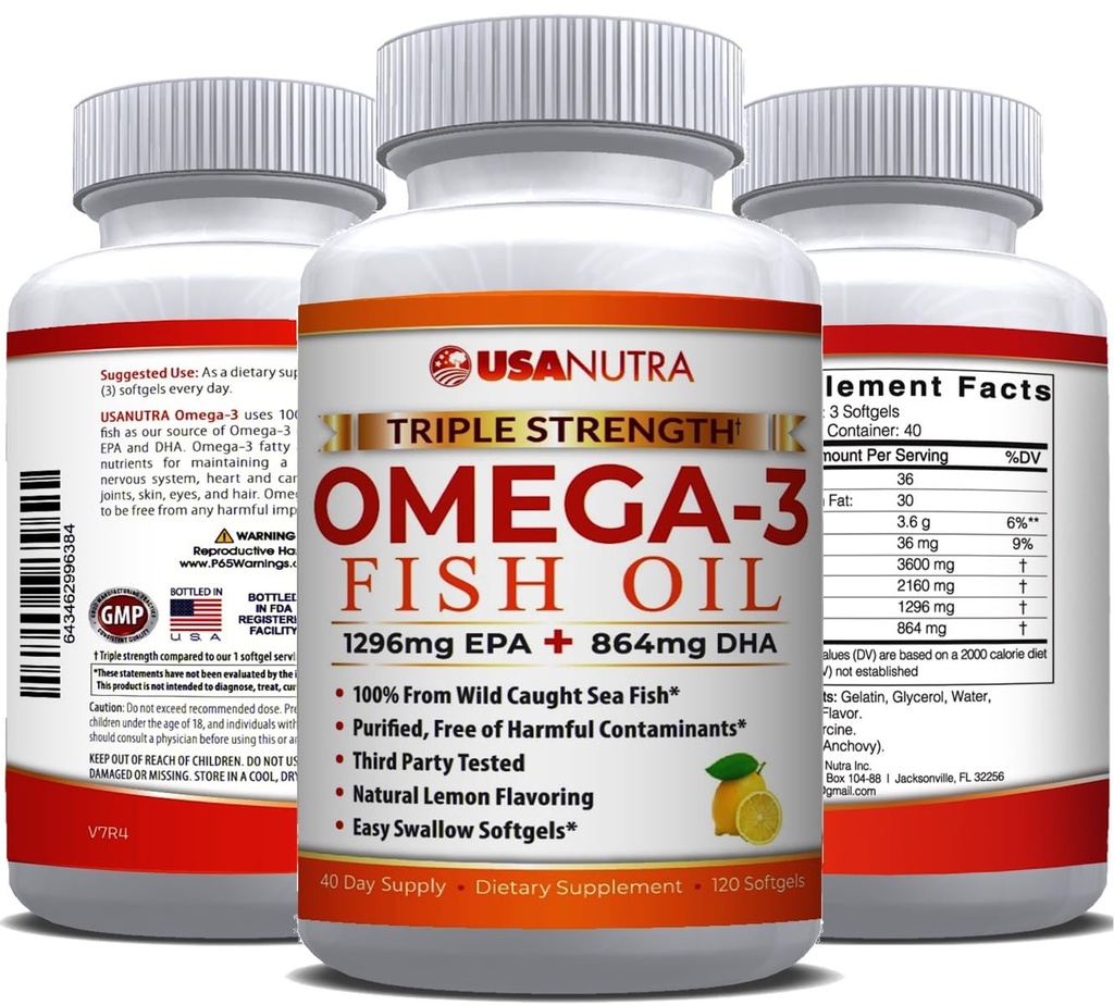 Omega 3 Fish Oil Supplement 3600mg med EPA og DHA for kvinder og mænd støtter fælles, hjerne og hjerte sundhed 120 Softgels, 40 dages forsyning