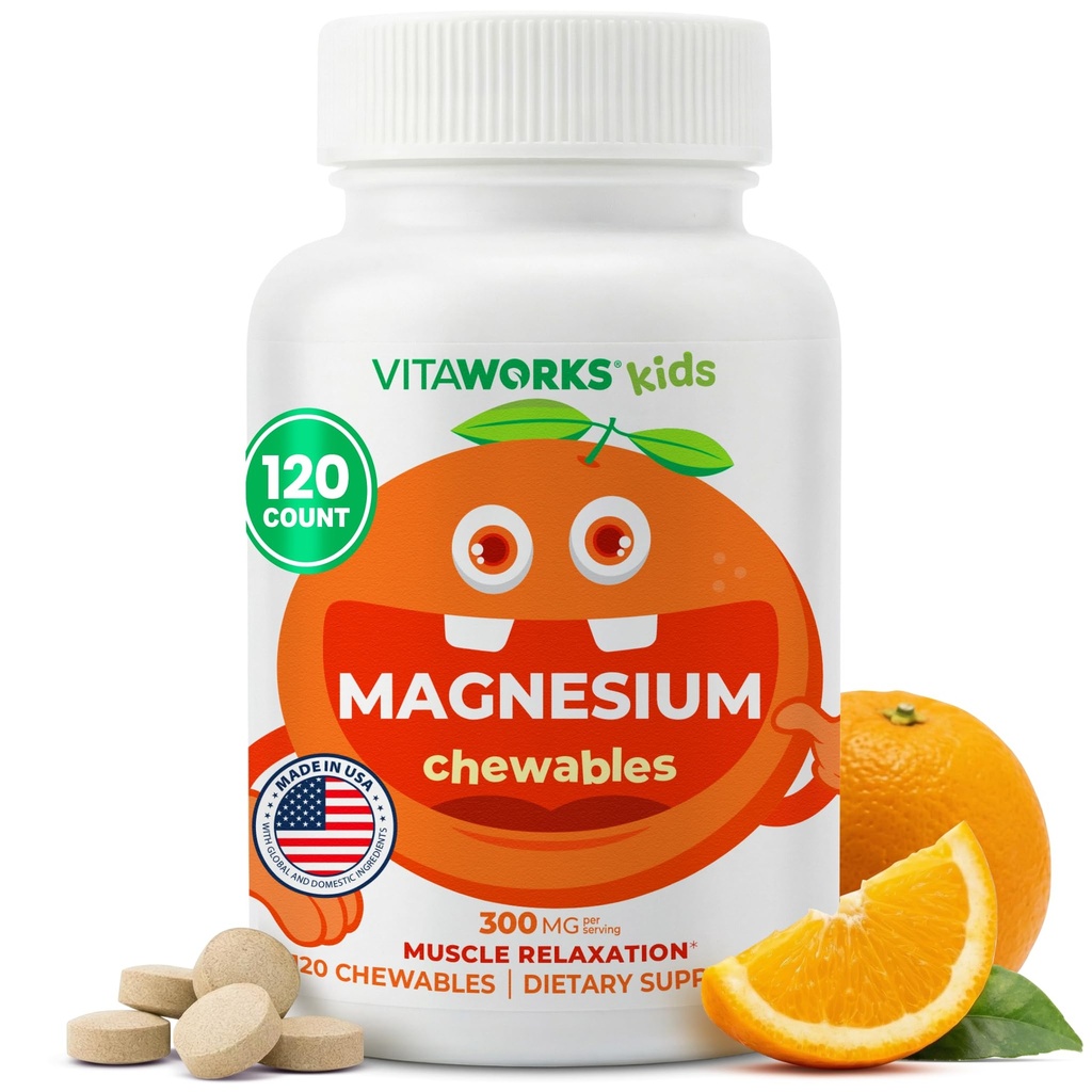 Kids Magnesium tyggetabletter 124; Great Tasting- værdi 124; 300mg Magnesiumtillæg 124; Vegan, Non GMO og Gluten Free Magnesiumoxid Supplement 124; for Muskelfunktion 124; 120 tyggetabletter 124; Vitaworks