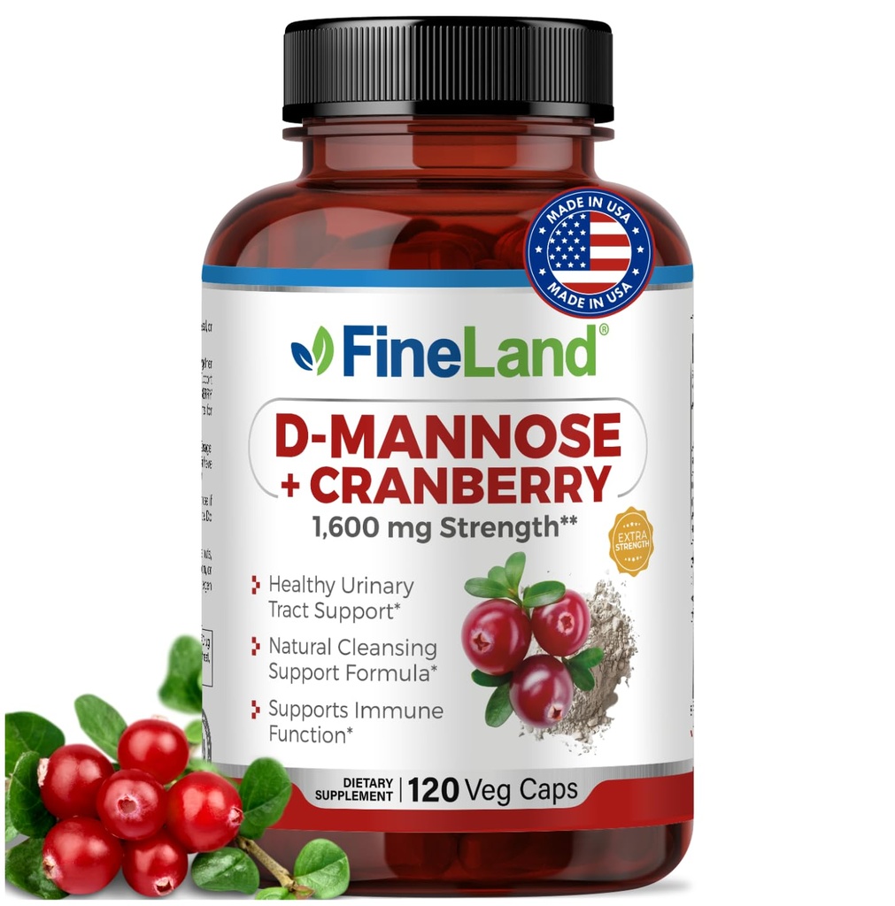 FineLand D- Mannose + Cranberry - 1600 mg per servering - 120 Veganske kapsler - Urinary Tract & Brege Health Support - Non-GMO, Gluten- Free, Made in USA