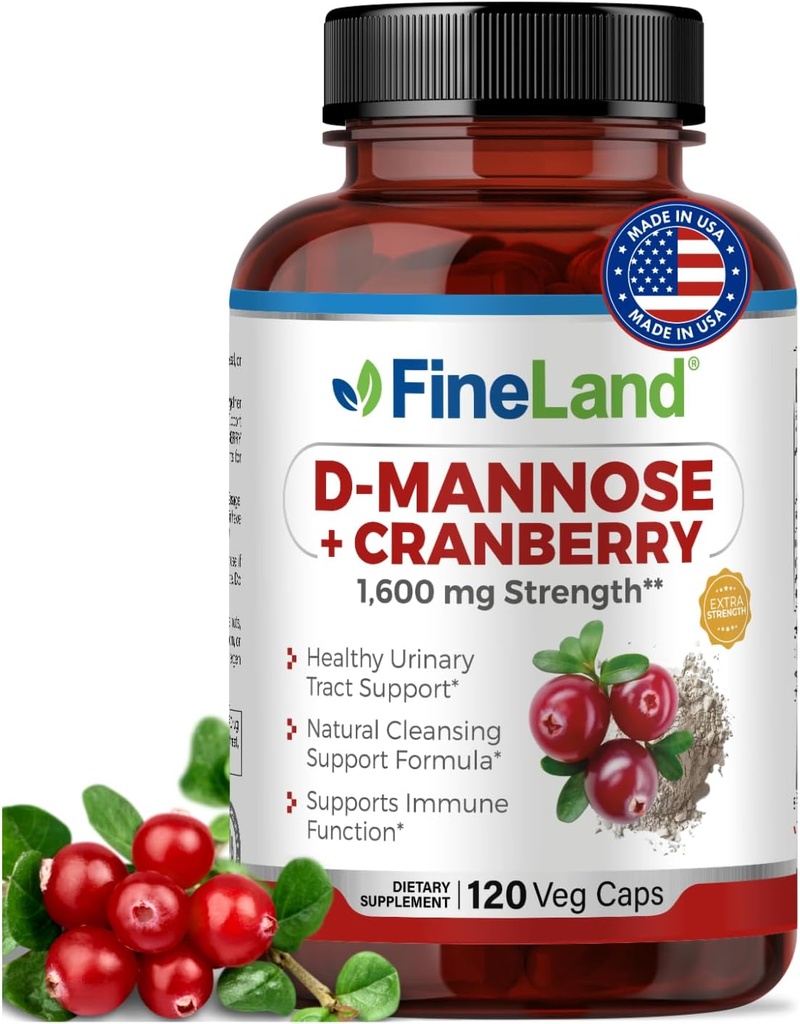 FineLand D- Mannose + Cranberry - 1600 mg per servering - 120 Veganske kapsler - Urinary Tract & Brege Health Support - Non-GMO, Gluten- Free, Made in USA