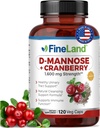FineLand D- Mannose + Cranberry - 1600 mg per servering - 120 Veganske kapsler - Urinary Tract & Brege Health Support - Non-GMO, Gluten- Free, Made in USA
