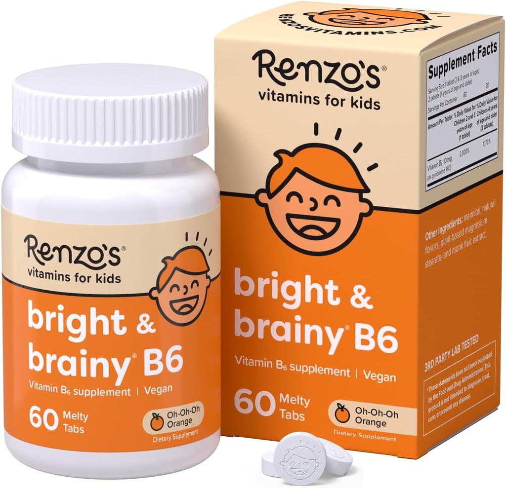 Renzo 's Bright & Brainy Vitamin B6, Opløsning Kids Vitamin B6, 60 Sugar- Free Melty Tabs, Oh Oh Oh Orange Flavored