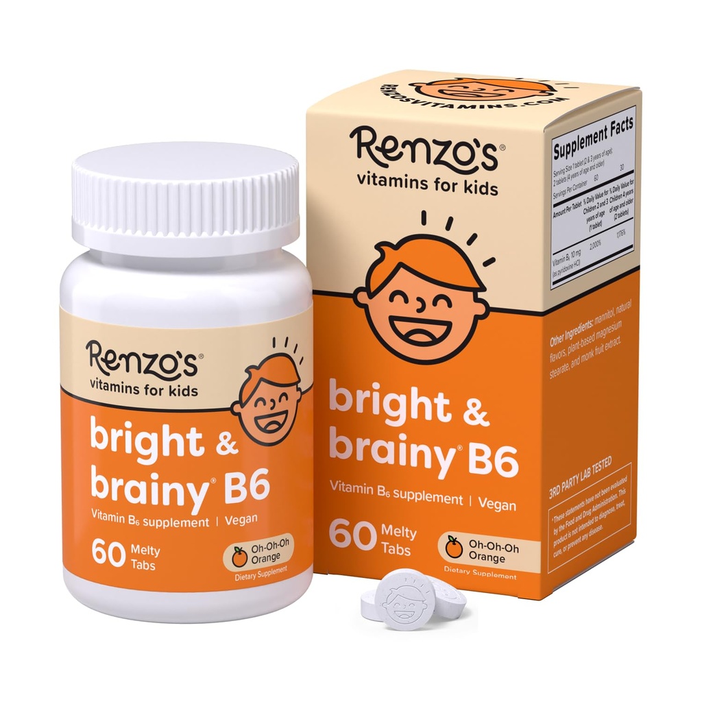Renzo 's Bright & Brainy Vitamin B6, Opløsning Kids Vitamin B6, 60 Sugar- Free Melty Tabs, Oh Oh Oh Orange Flavored