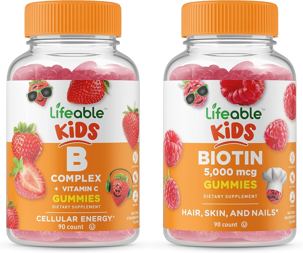Lifeable B Complex Kids + Biotin Kids, Gummies Bundle - Great Tasting, Vitamin Supplement, Gluten fri, GMO fri, Chewable Gummy