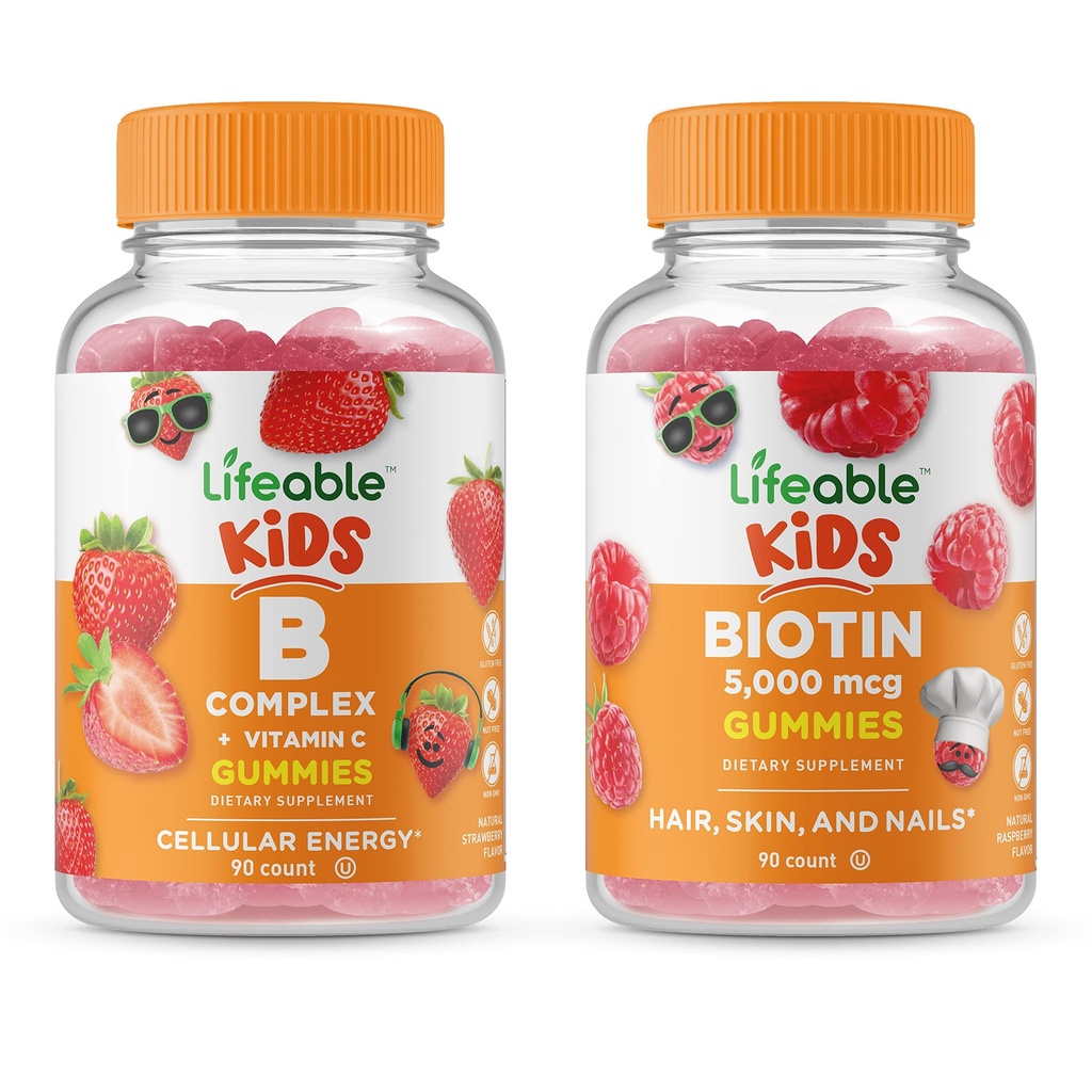 Lifeable B Complex Kids + Biotin Kids, Gummies Bundle - Great Tasting, Vitamin Supplement, Gluten fri, GMO fri, Chewable Gummy