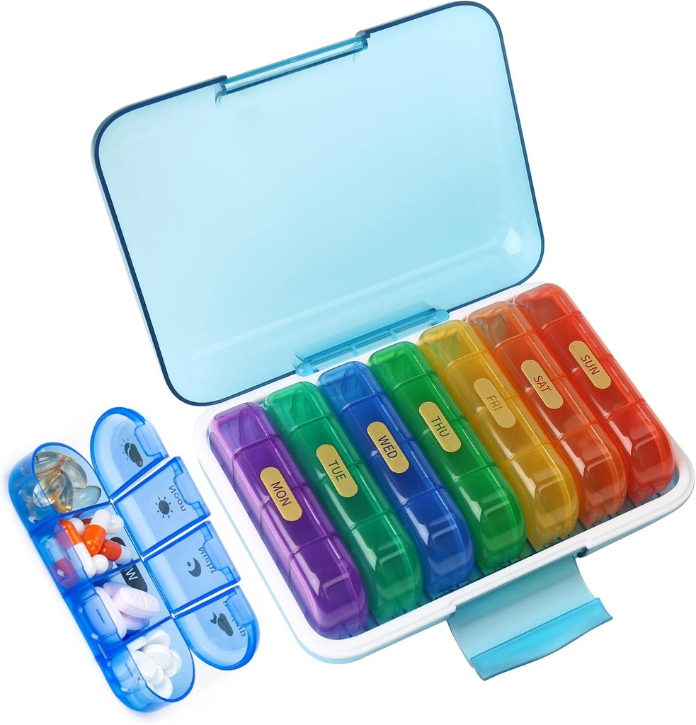 MURRI & MURRDI Pill Organizer 4 gange om dagen, Daily Pill Box Stor Ugentlig Medicin Sag 7 Dag Pill Dispenser Holder for piller, Vitaminer, Fiskeolier, Medicin, Kosttilskud (28 celler, flerfarvet)