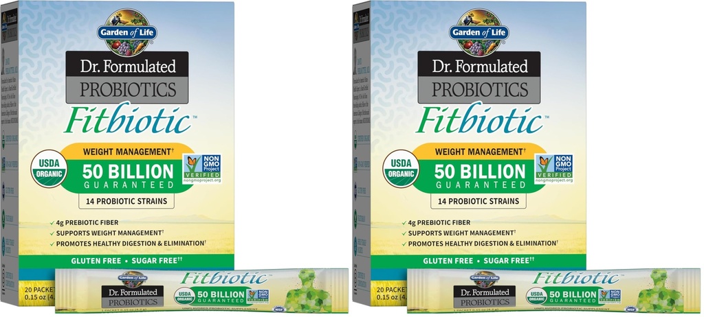 Garden of Life Dr. Formulated Probiotics Fitbiotic Weight Management Powder,50 Billion CFU & Prebiotic Fiber,Organic & Non-GMO Digestive Gut Health Probiotic Supplement,20 Serving Packets,(Pack of 2)