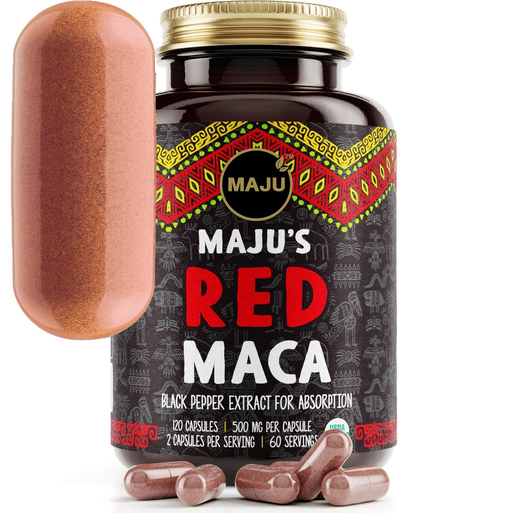 Maju Superfoods Organic Red Maca Root Capsules 120ct - Kvinder Focus Curve Enhancement Nutrition Booster piller, Gain for lår, Pulver i Pille supplement