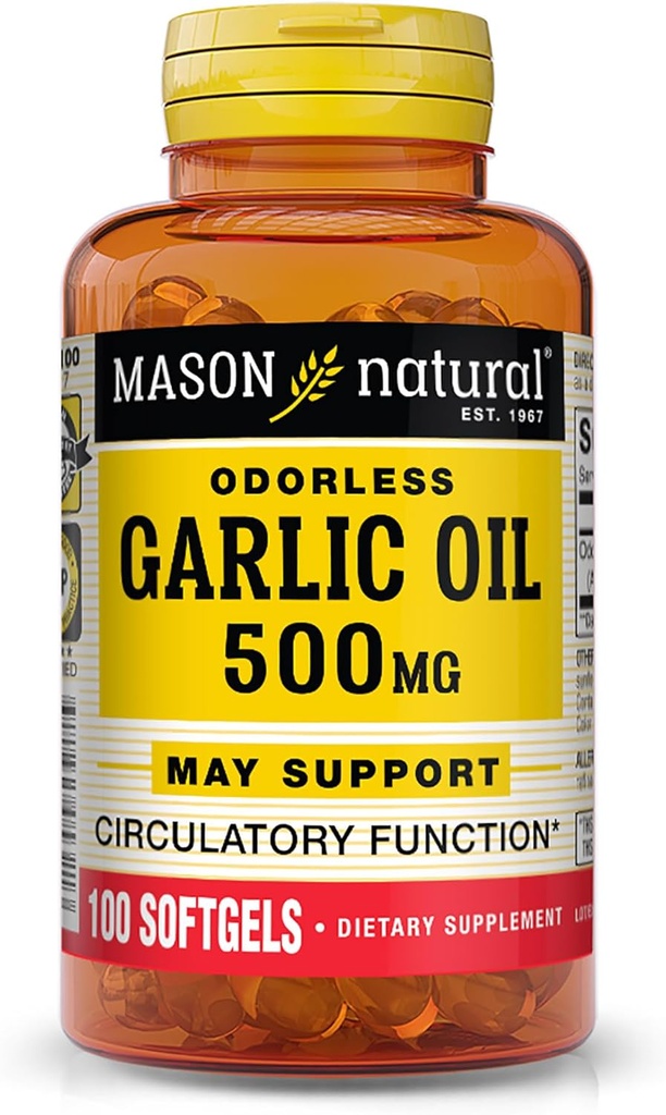MASON NATURAL Garlic Oil 500 mg Odorless Allium Sativum Supplement - Supports Healthy Circulatory Function, 100 Softgels