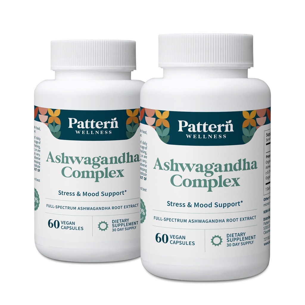 Pattern Wellness Ashwagandha Complex for Men & Women – Organic KSM-66® & Black Pepper Extract – Supports Stress Response & Energy Balance – Non-GMO – 120 Vegan Capsules