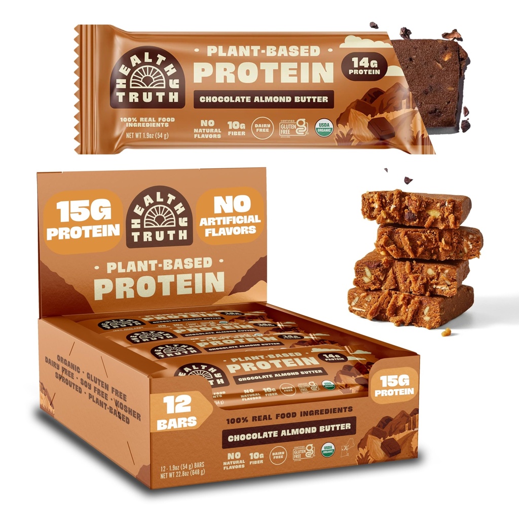 Healthy Truth Chocolate Almond Butter Protein Bar, 14g Plant Based Protein, 10g Prebiotic Fiber, Sprouted Almonds, Vegan, Gluten Free, No Artificial Flavors (12, Standard, Chocolate Almond Butter)
