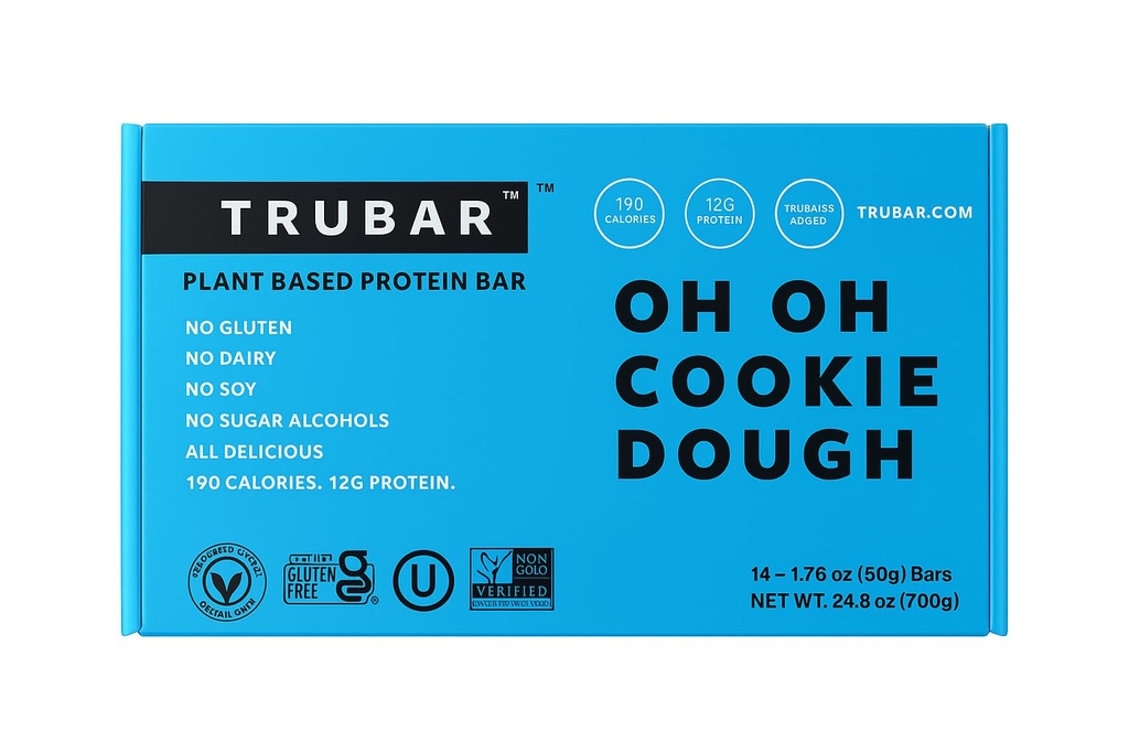 TRUBAR Vegan Protein Bar, Oh Oh Cookie Dough, Gluten Free, Plant Based Protein, Dairy Free, Non GMO, Soy Free, No Sugar Alcohols, 12G Protein, 13G Fiber, 23G Carb, Healthy on the Go Snack Bars, 14 CT