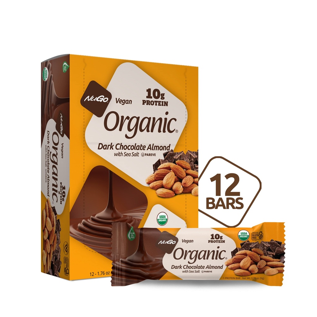 NuGo Organic Dark Chocolate Almond, 10g Vegan Protein, Gluten Free, 12 Count