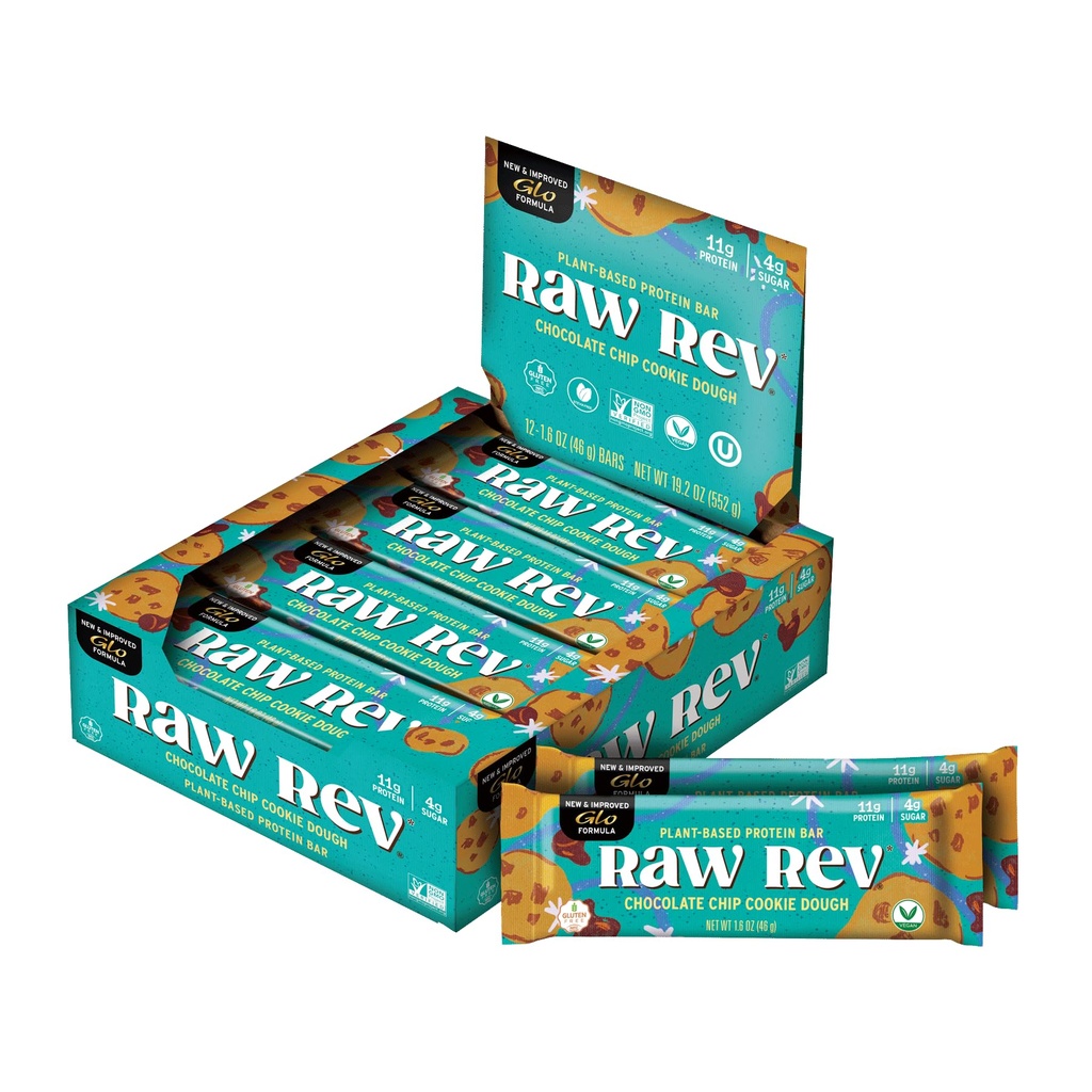Raw Rev Vegan High-Protein Bars, Chocolate Chip Cookie Dough, 12g Plant Protein, 11g Fiber, Keto, Non-GMO, 1.6 Oz, Pack of 144