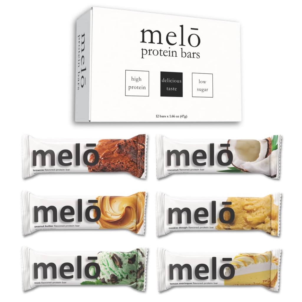 melō protein bars (6 count, Sampler Pack)- high protein, low sugar, fluffy marshmallow-like center, gluten free snack with no artificial sweeteners