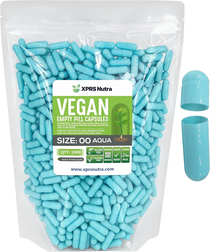 XPRS Nutra Størrelse 00 Tomme kapsler - 1000 Grev Tomme Veganske kapsler - Vegetariske Tomme piller - DIY Vegetabilske Kapsler Filling- Veggie Pill Caps (Aqua)