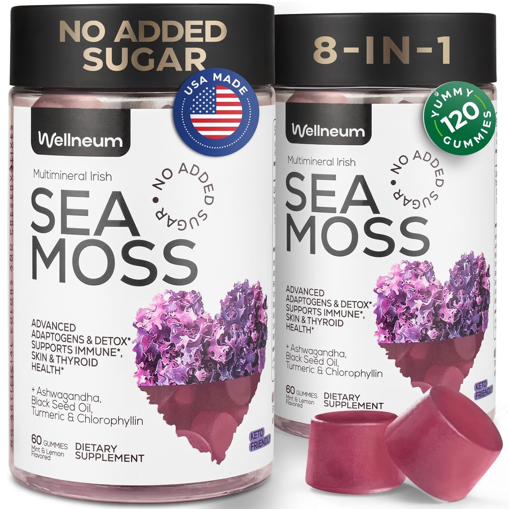 Multimineral Sea Moss Gummies 3000 Mg med Probiotic, Bladerwrack, Black Seed Oil, Ashwagandha, Burdock Root (2 Pack) - Irsk Seamoss for Immunity, Thyroid og Gut Health - Vegan, Sukker Free